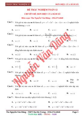 Đề trắc nghiệm Toán 12 - Chuyên đề Đơn điệu của hàm số - Nguyễn Văn Dũng